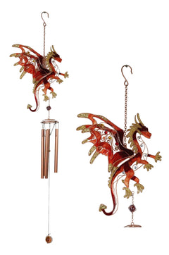 Medieval Fantasy Red Gold Fire Dragon Art Glass Gemstones Metal Wind Chime-2