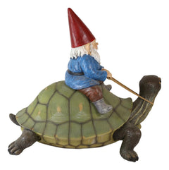 Large Whimsical Mr. Gnome Riding Giant Turtle Garden Statue 17.25" L-6
