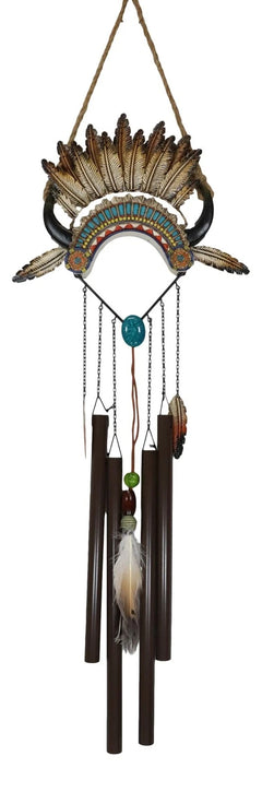 Southwest Boho Chic Indian Chief Headdress Feathers Turquoise Rocks Wind Chime-7