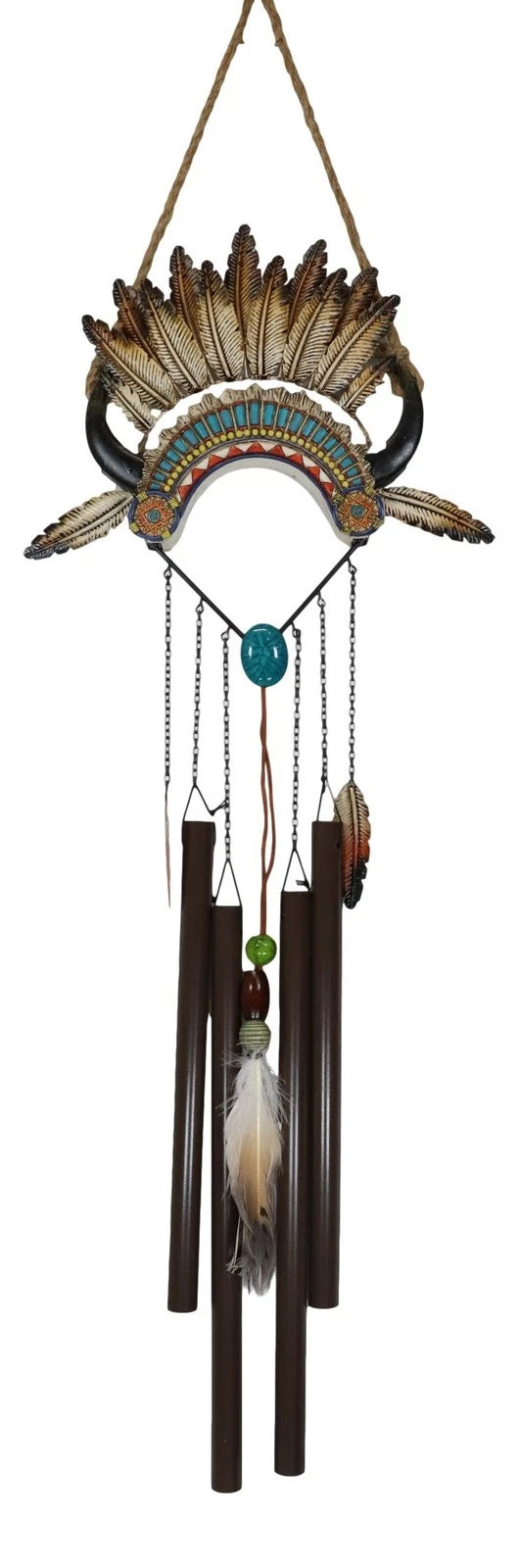 Southwest Boho Chic Indian Chief Headdress Feathers Turquoise Rocks Wind Chime-7
