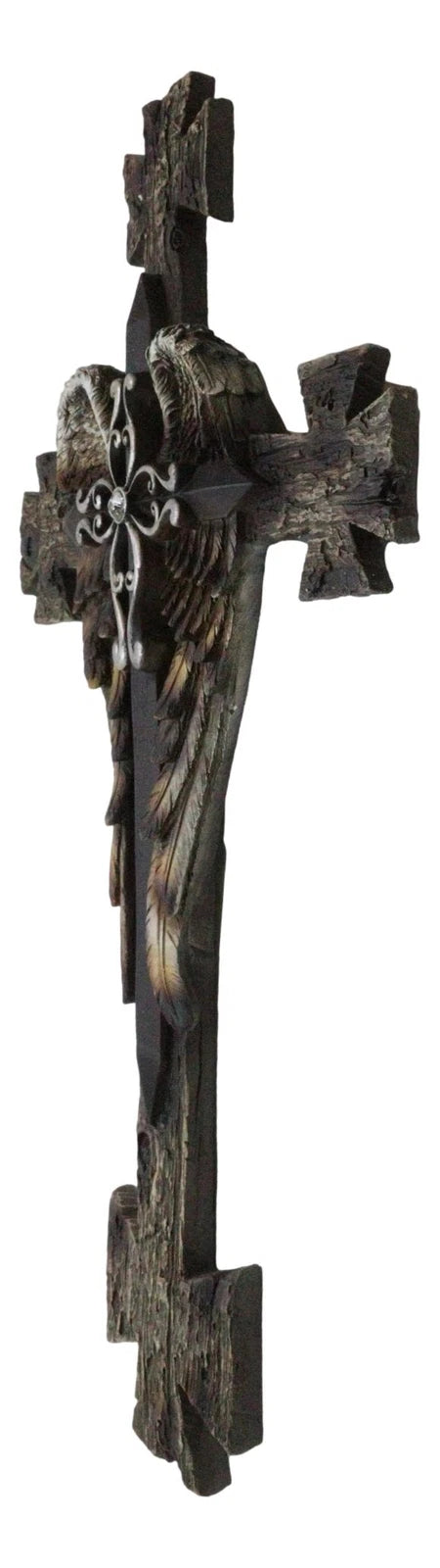 Black Biker Iron Cross With Angel Wings Layered Faux Wooden Wall Cross Plaque-7
