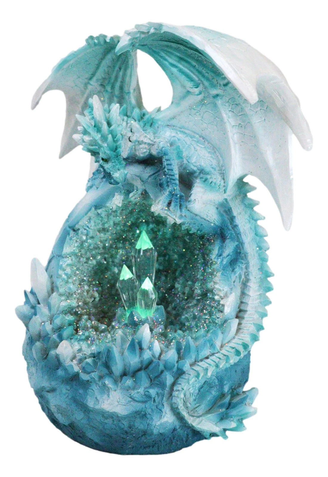 Winter Snow Dragon Resting On Frozen Snow Geode Egg With LED Crystals Figurine-4