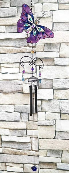 Purple Butterfly Stained Glass With Gemstones Copper Wind Chime Garden Patio-1