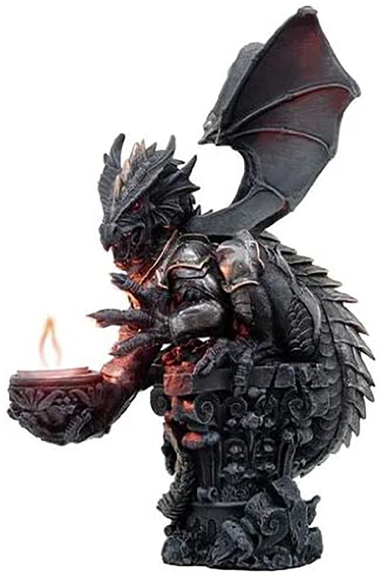 Large Rune Armored Dragon On Pedestal Tea Light Candle Holder Statue Figurine-4