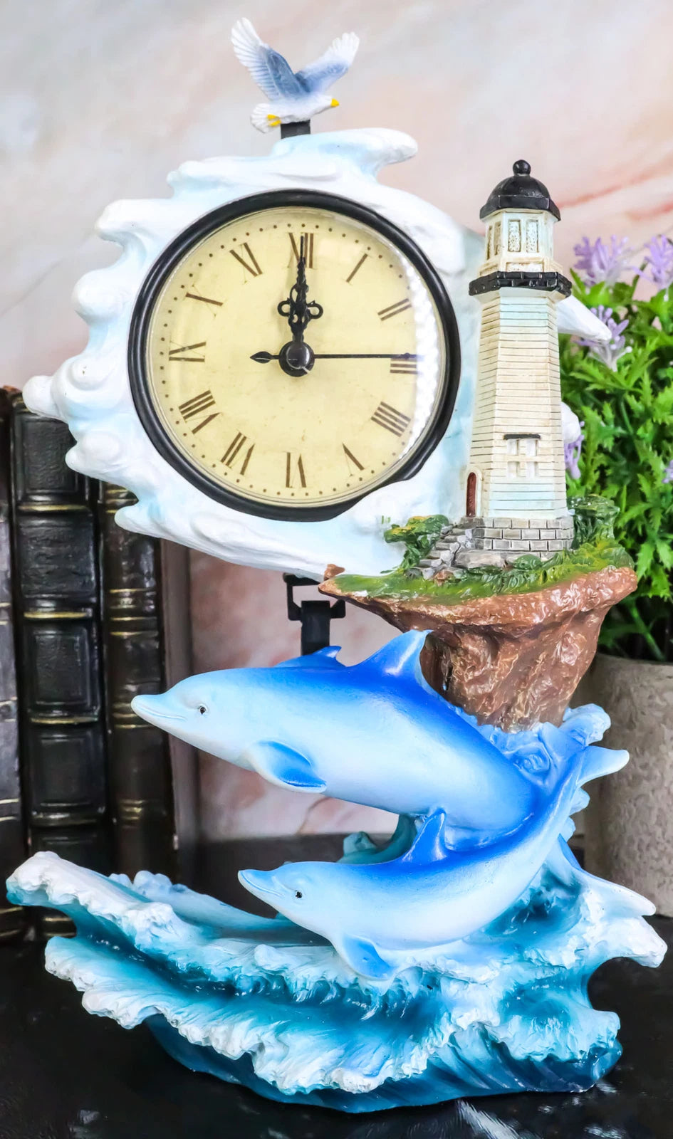 Nautical Marine Bottlenose Dolphins Family In Waves By Lighthouse Table Clock-1