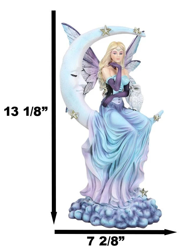 Crescent Moon And Stars Midnight Fairy Luna In Pastel Gown With Snow Owl Statue-6
