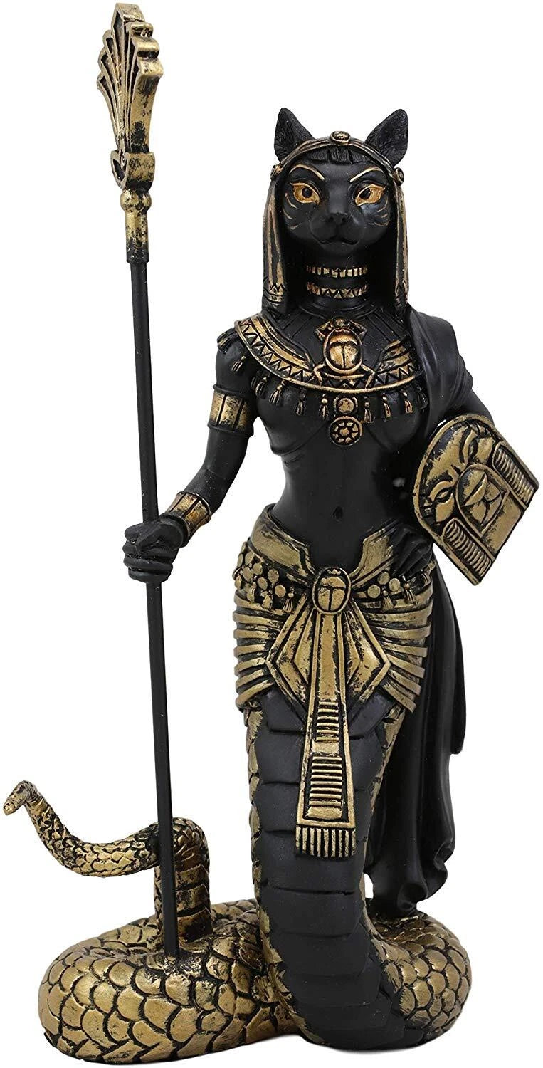 11"H Egyptian Bastet Cat With Snake Holding Spear & Shield Statue 11"H-7