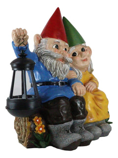 Estatua grande de gnomos de Sr. y Sra. en un tronco de árbol con luz LED solar, 34 cm de alto-6