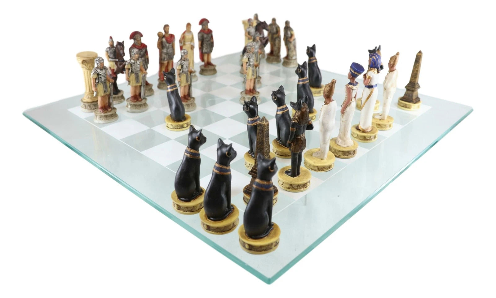Pharaoh Egyptian VS Caesar Roman Empire Resin Chess Pieces W/ Glass Board-7