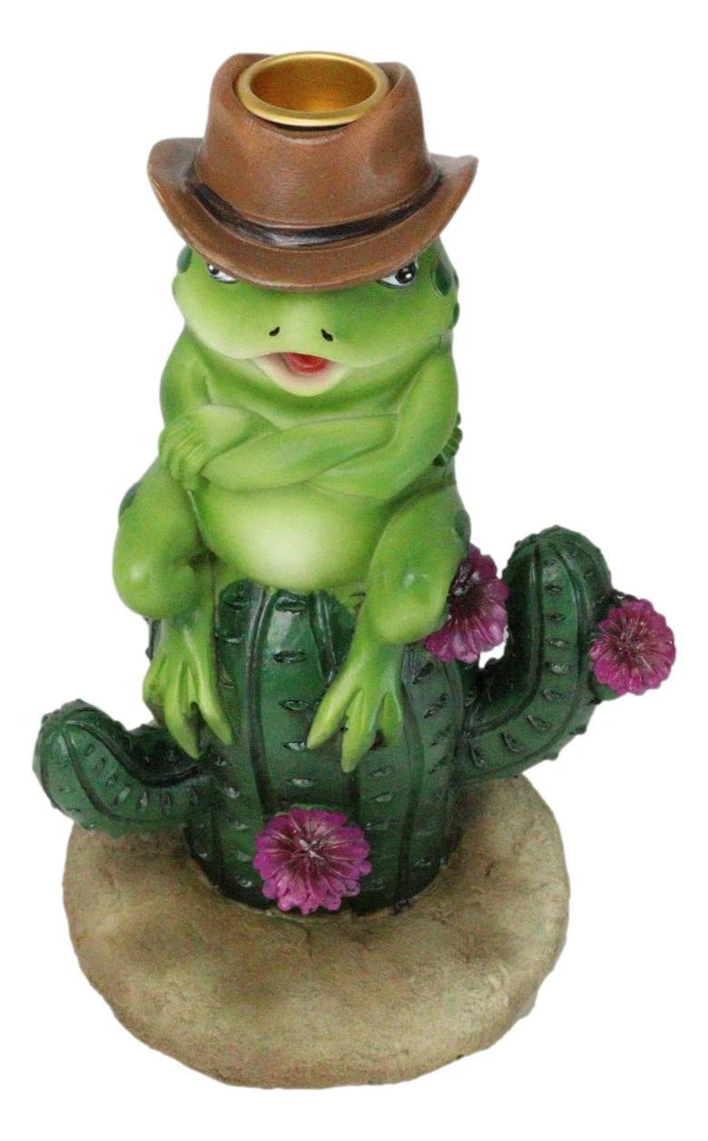 Western Outlaw Cowboy Frog On Cactus Backflow Incense Cone Burner Figurine-8