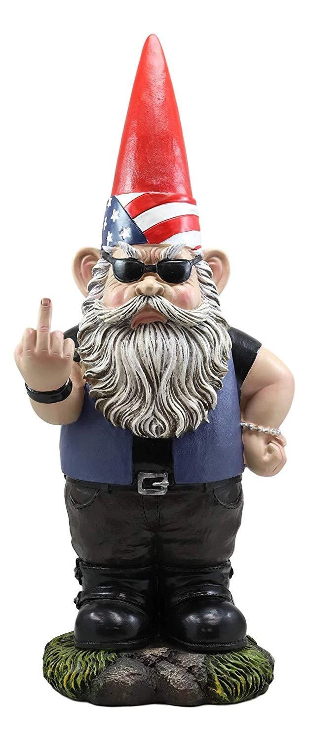 Flip The Bird American Biker Bully Gnome Not Welcome Statue Garden Patio Pool-9