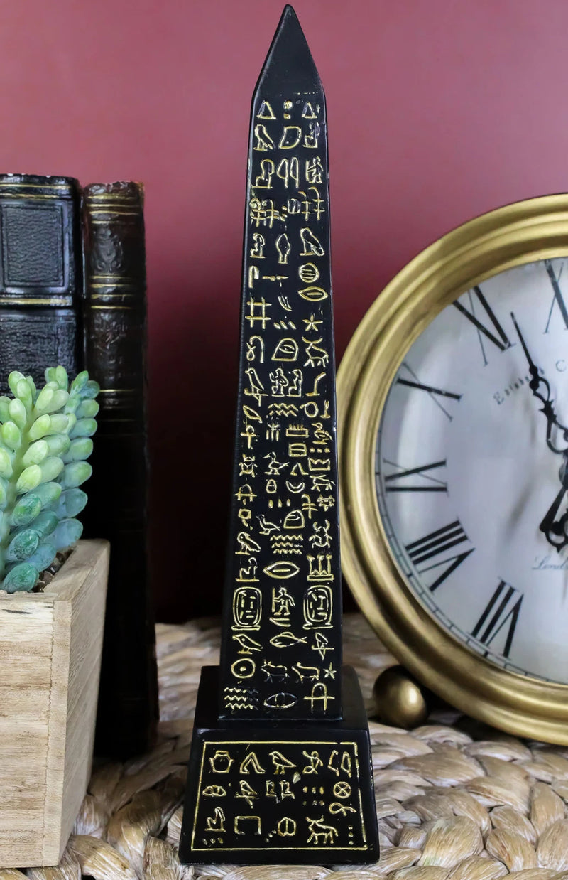 Egyptian Temple of Ra Gold Black Luxor Obelisk With Hieroglyphs Statue 8"H-1