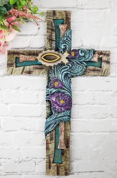Rustic Turquoise Floral Blooms Ichthys Jesus Fish Symbol Faux Wooden Wall Cross-1