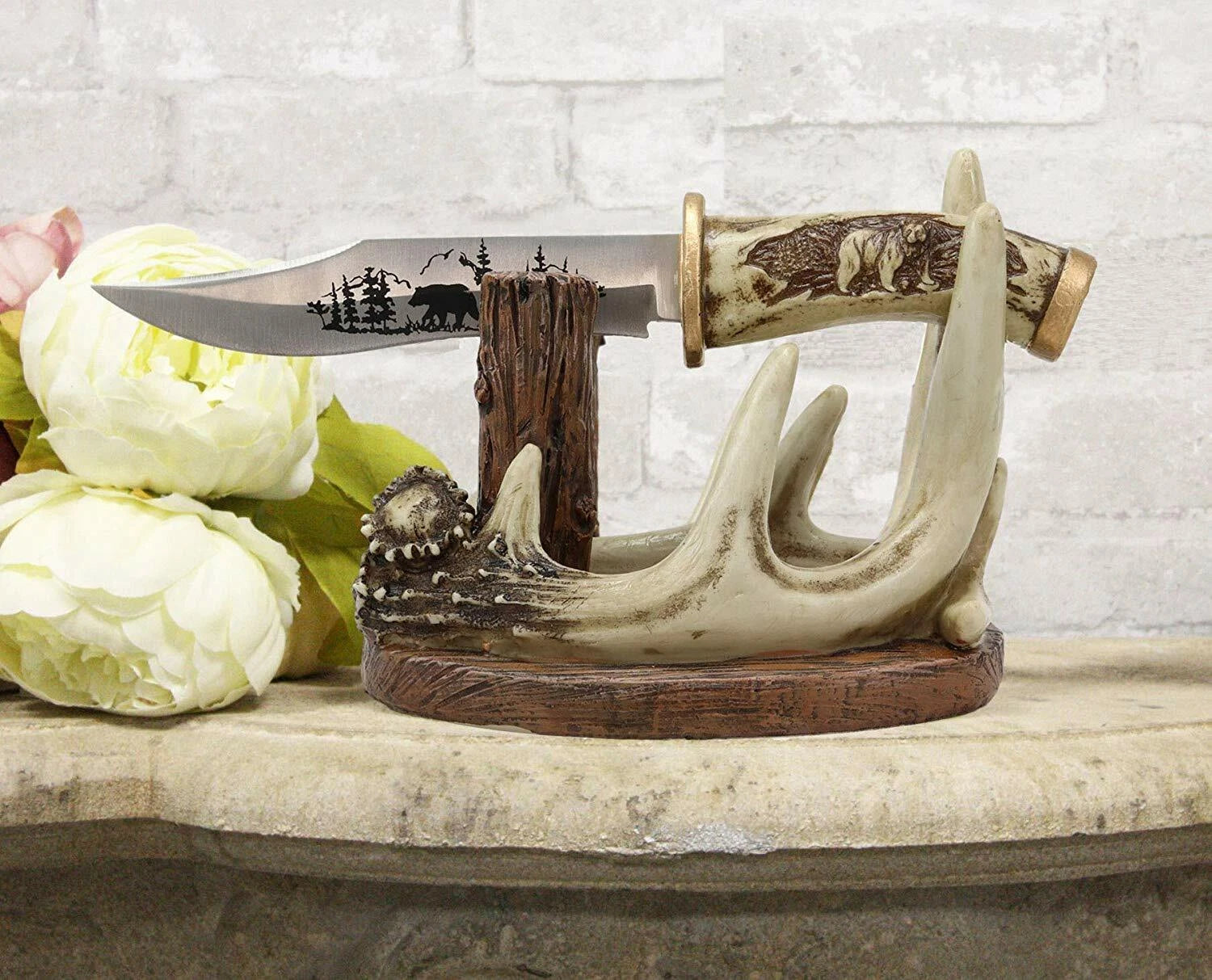 Western Rustic 8 Point Buck Stag Deer Antlers Display With Bear Sculpted Dagger-7