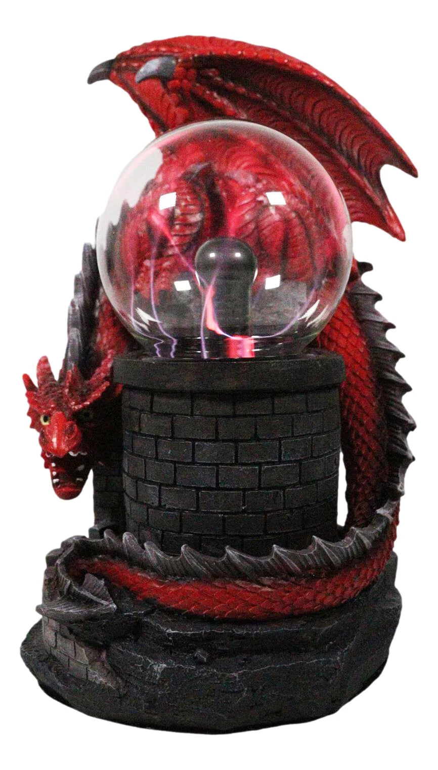 Estatua grande de la lámpara de bola de plasma del Dragón de Fuego Rojo que custodia el castillo de Dungeons Dragons-6
