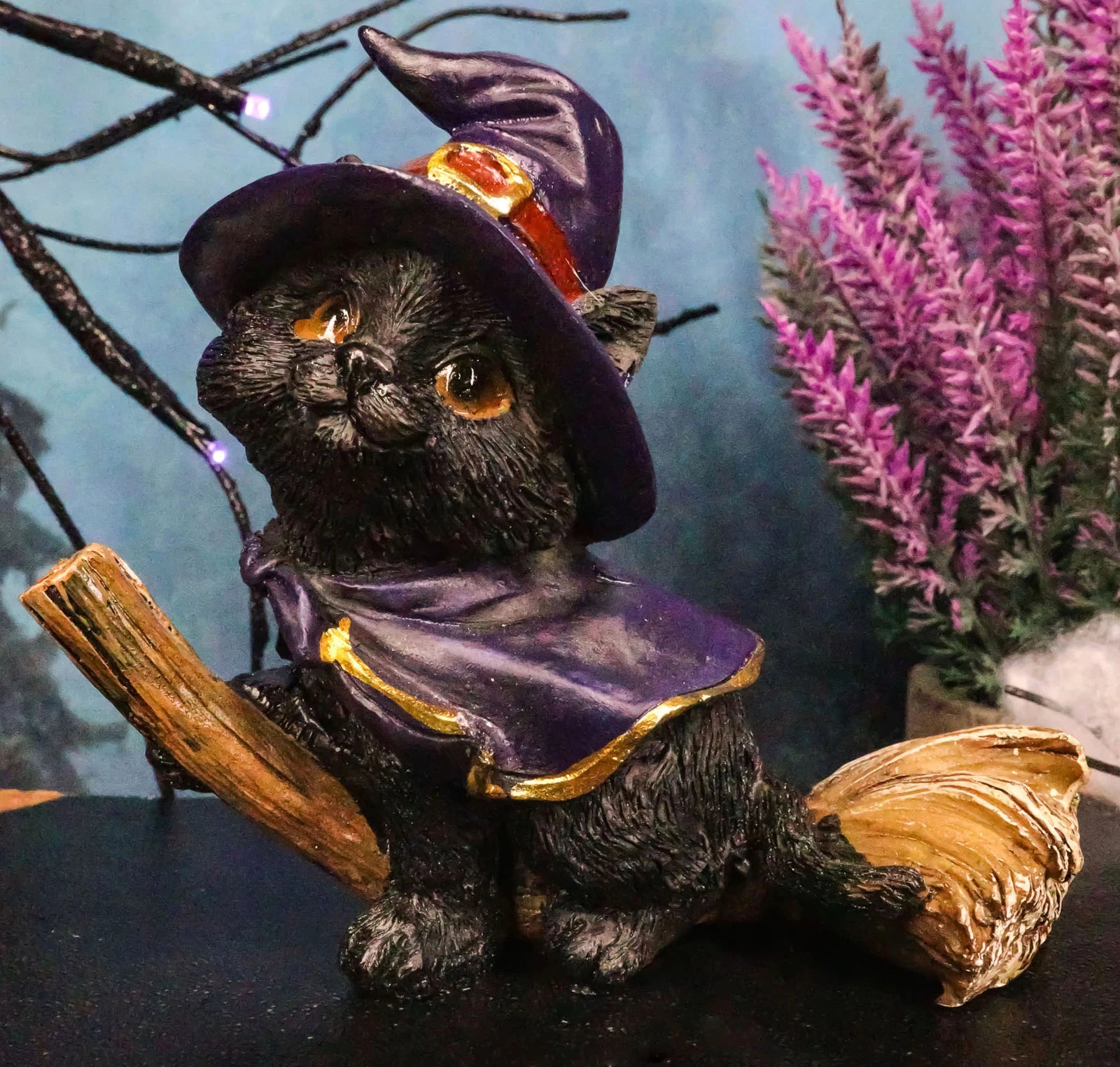 Halloween Black Cat with Witch Hat and Cape Riding Magical Broomstick Figurine-2