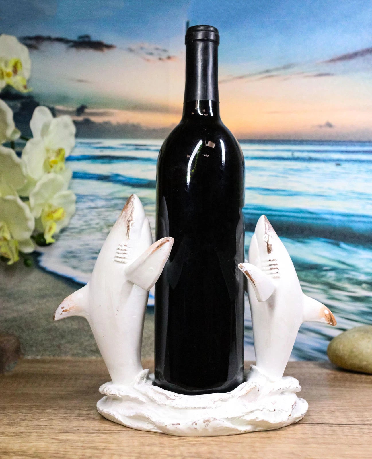 Antique White Ocean Marine Great White Sharks Rising Above Water Wine Holder