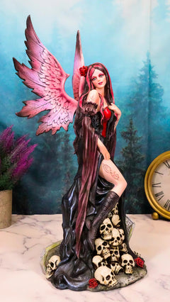 Black Sorceress Skulls Fairy with Red Rose Standing On Tombstone Figurine 15"H-8