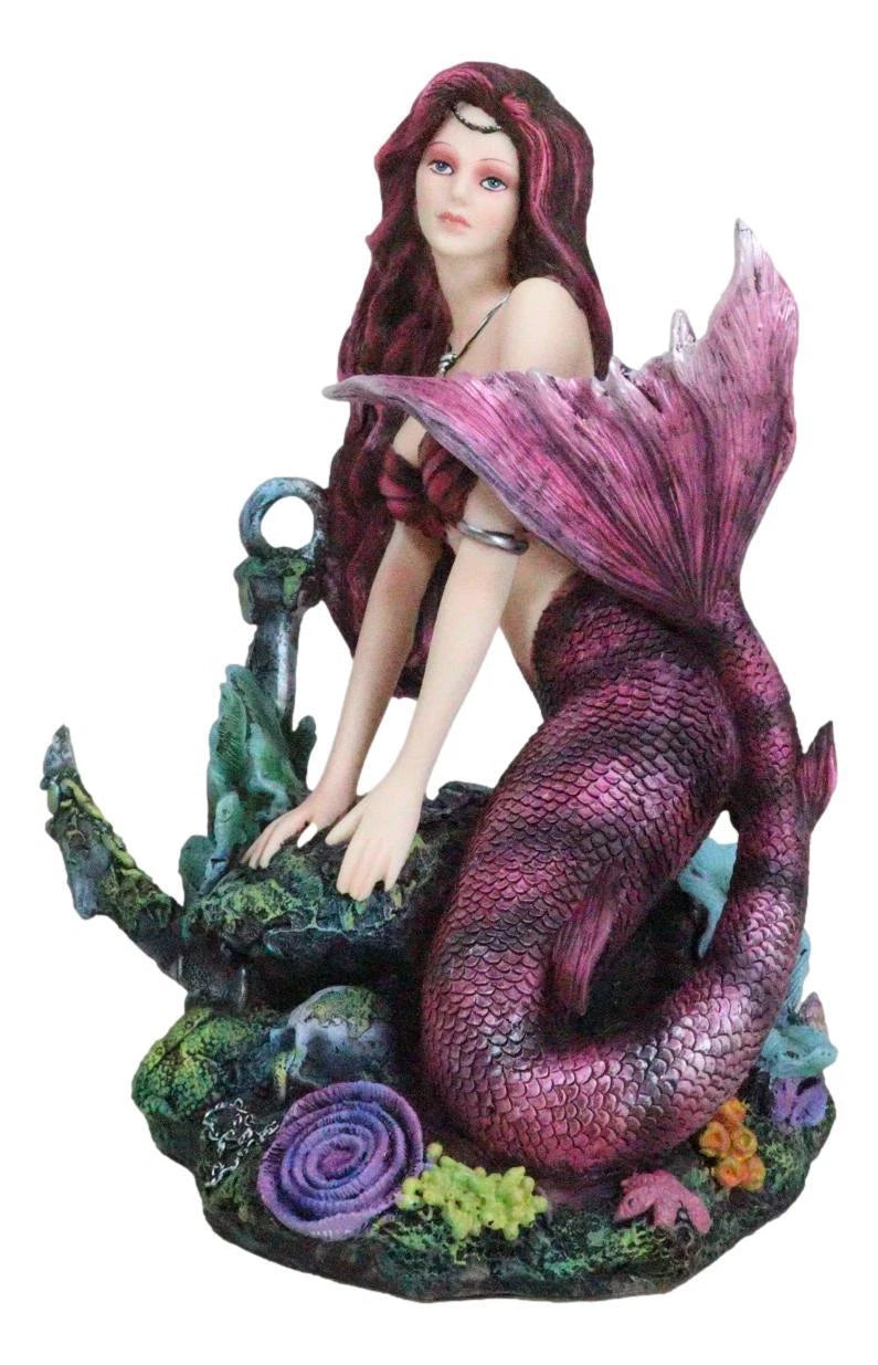 Siren Mermaid Sitting By Sunken Ship Anchor Skull Corals Ocean Graveyard Statue-2