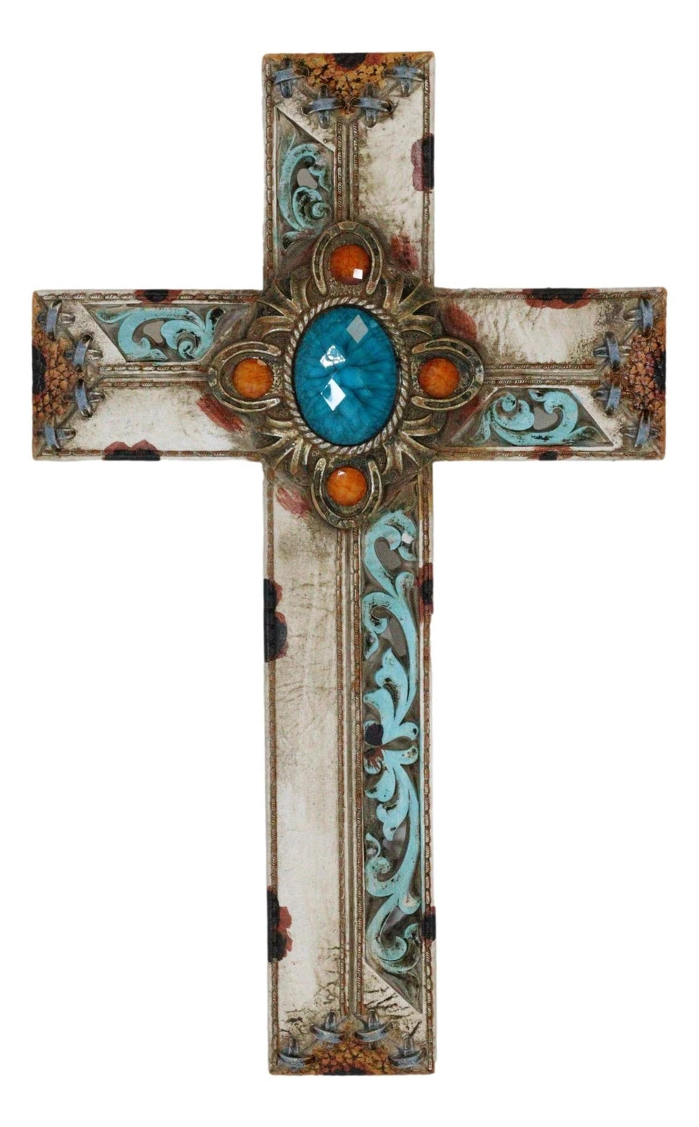 Pack Of 3 Rustic Western Tuscany Scrollwork Turquoise Amber Gems Wall Crosses-8