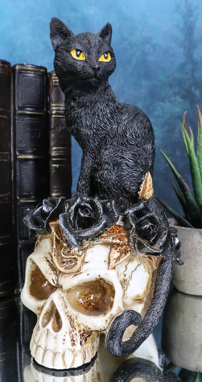 Figura de gato gótico, felino negro sentado sobre una rosa, estatua de calavera de vampiro fantasma, 18 cm de alto, decoración del hogar, exhibición, adorno de escritorio, decoración de Halloween, regalo de fantasía gótica-7