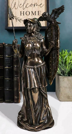 Greek Goddess Athena Wearing Helmet With Spear Aegis Shield And Owl Statue Decor-2