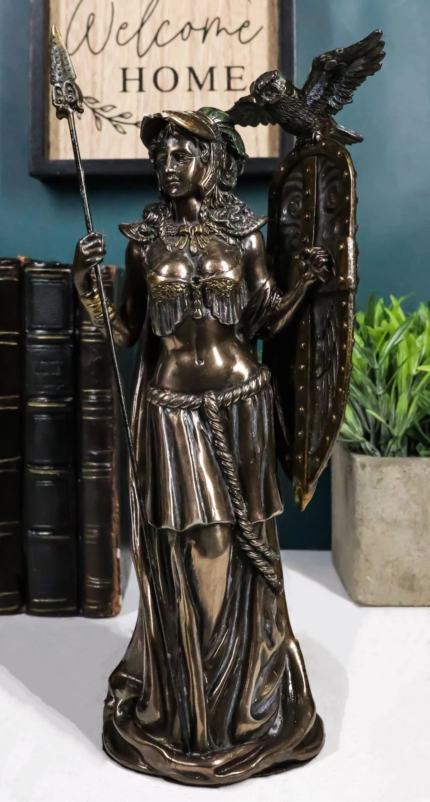 Greek Goddess Athena Wearing Helmet With Spear Aegis Shield And Owl Statue Decor