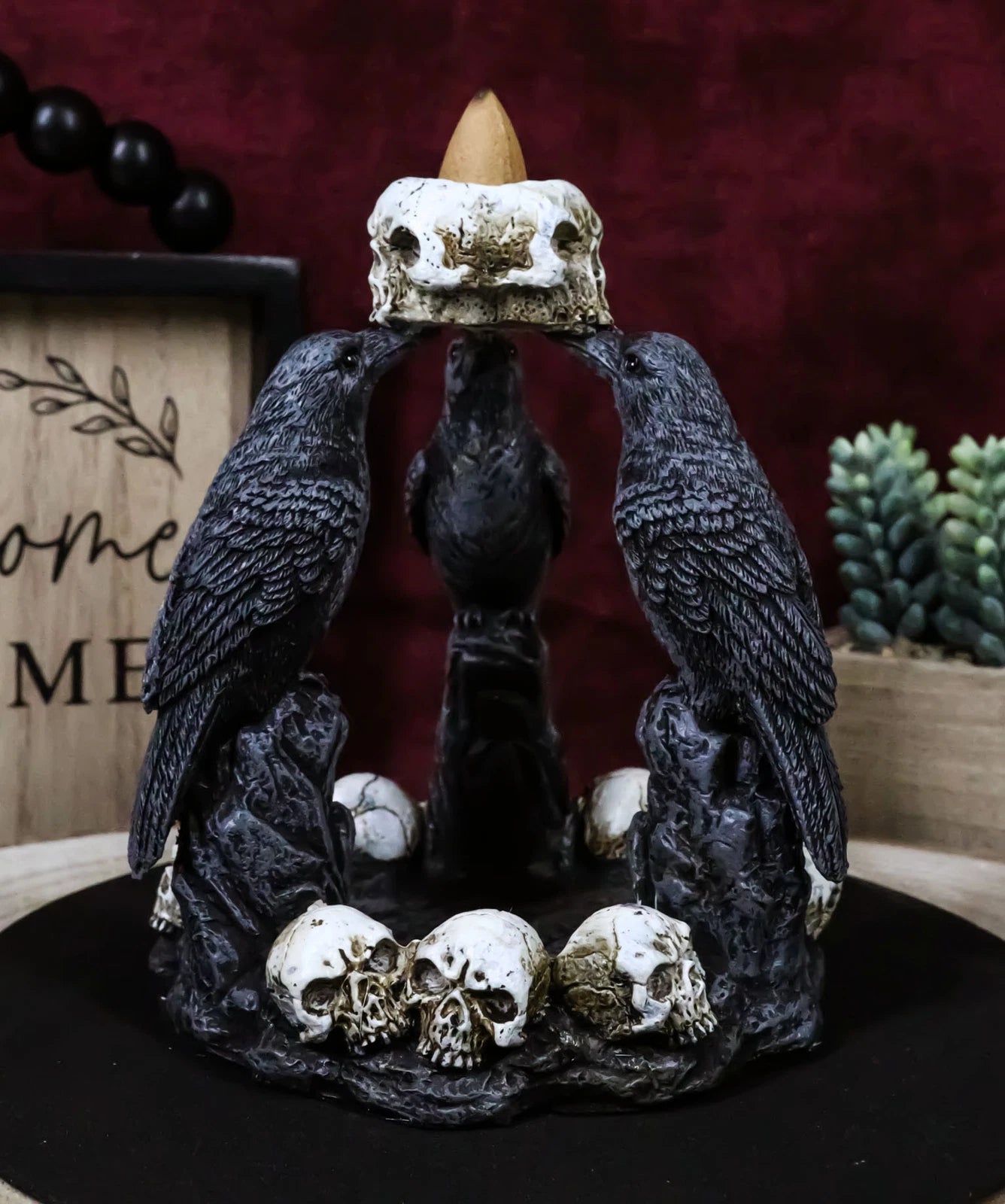Gothic Wicca Quoth Trio Ravens Nevermore With Skulls Backflow Incense Burner-8