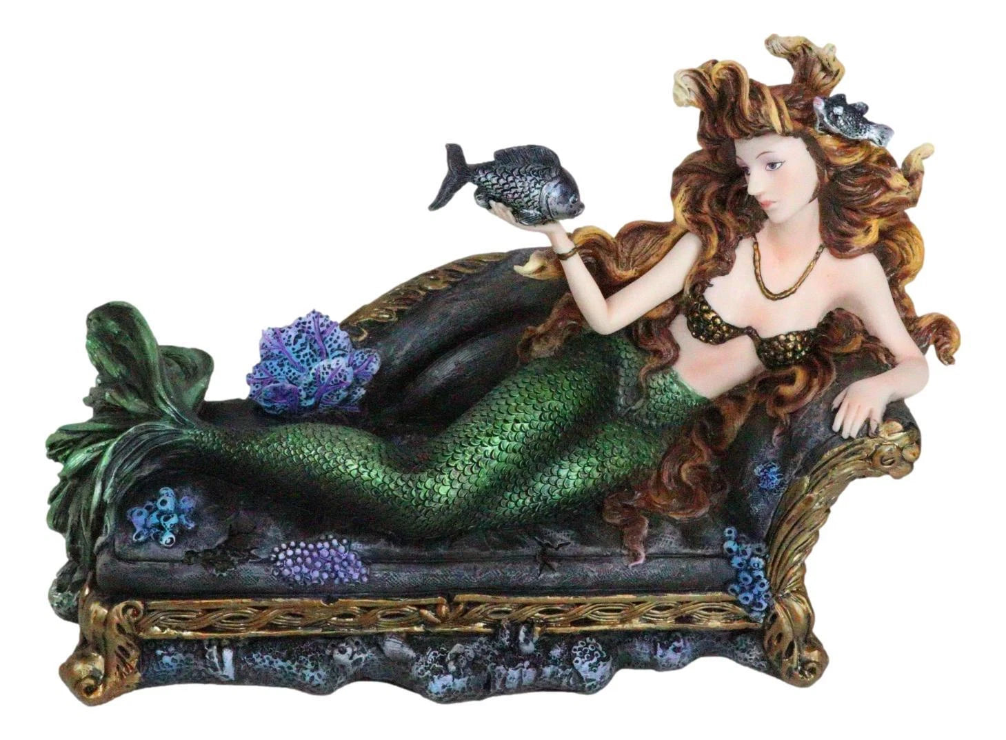 Queen Of Atlantis Siren Mermaid With Fish Resting On Sea Lounge Chair Figurine-9