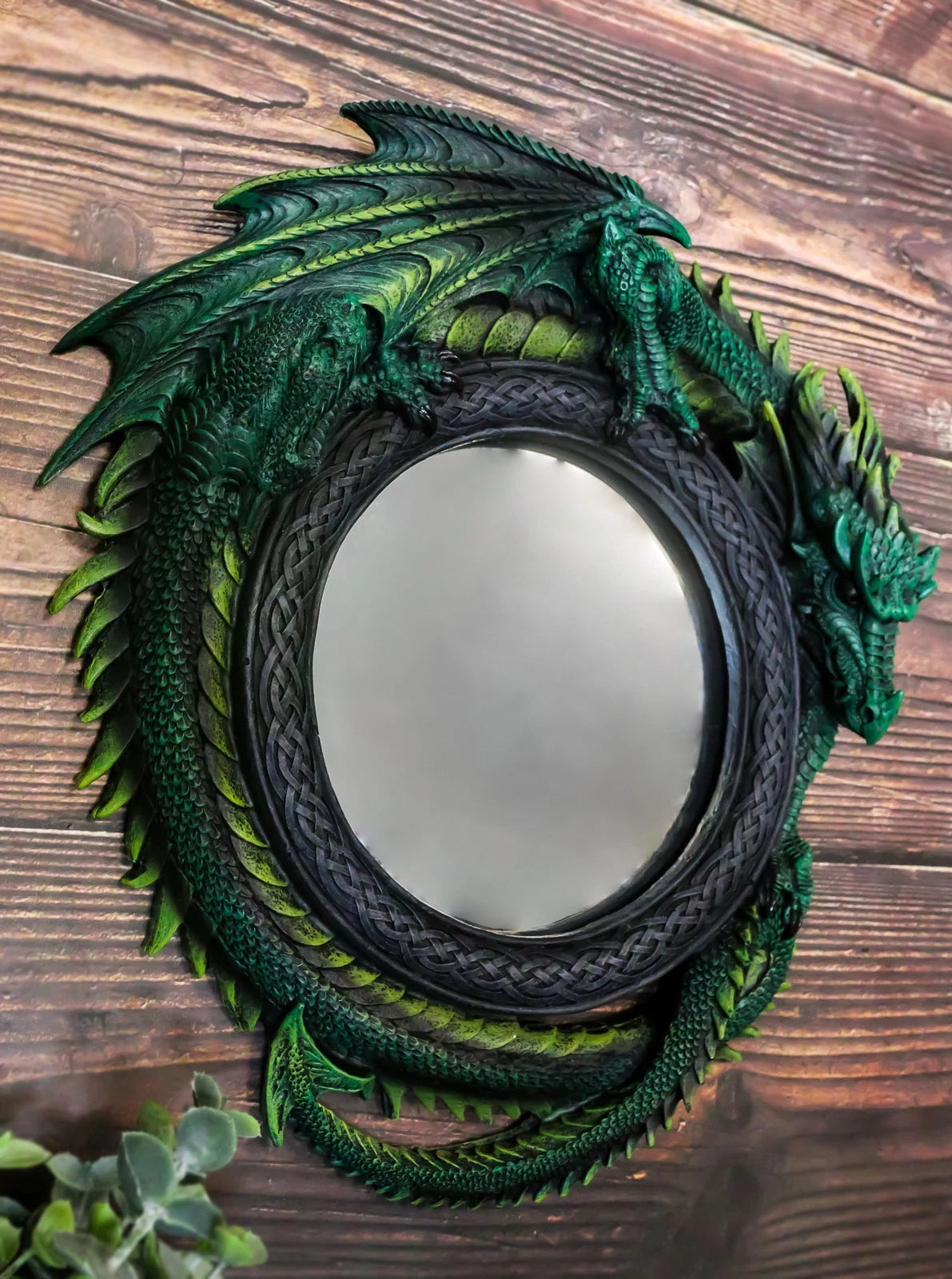 Gothic 11.75" Tall Jade Pagoda Green Intertwined Dragon Round Wall Mirror Plaque-2