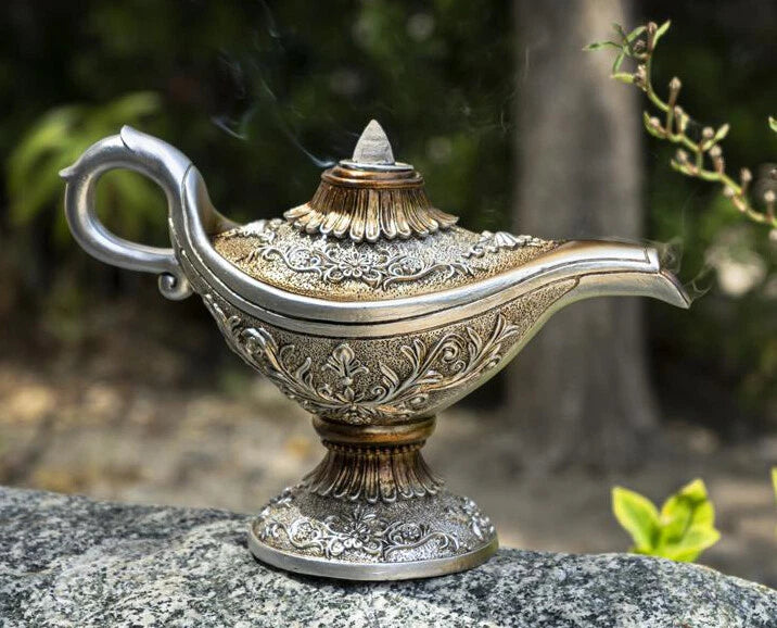 Floral Ornate Aladdin Genie Magical Lamp Backflow Incense Cone Burner Figurine-1