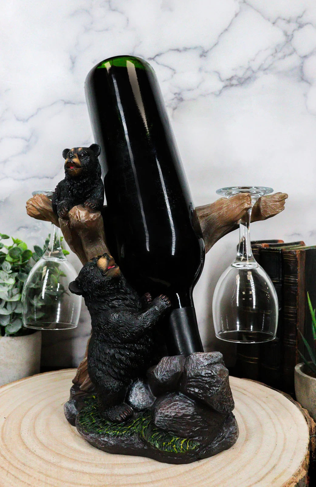10"H Climbing Black Bear Liquor Wine Glasses and Bottle Holder Figurine-2