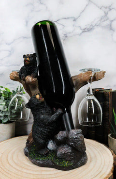 10"H Climbing Black Bear Liquor Wine Glasses and Bottle Holder Figurine-2