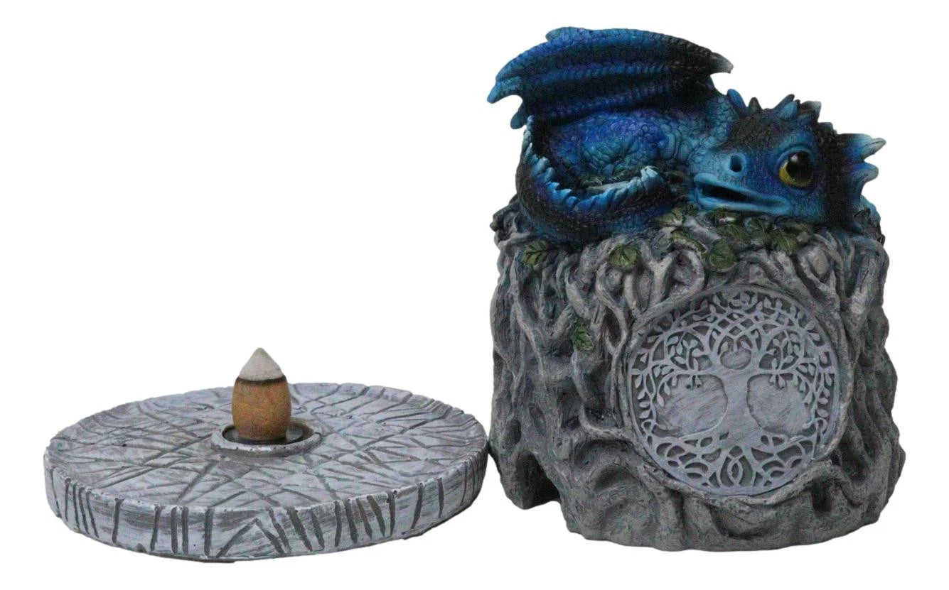 Blue Wyrmling Dragon Sleeping On Tree Of Life Stump Cone Incense Burner Figurine-6