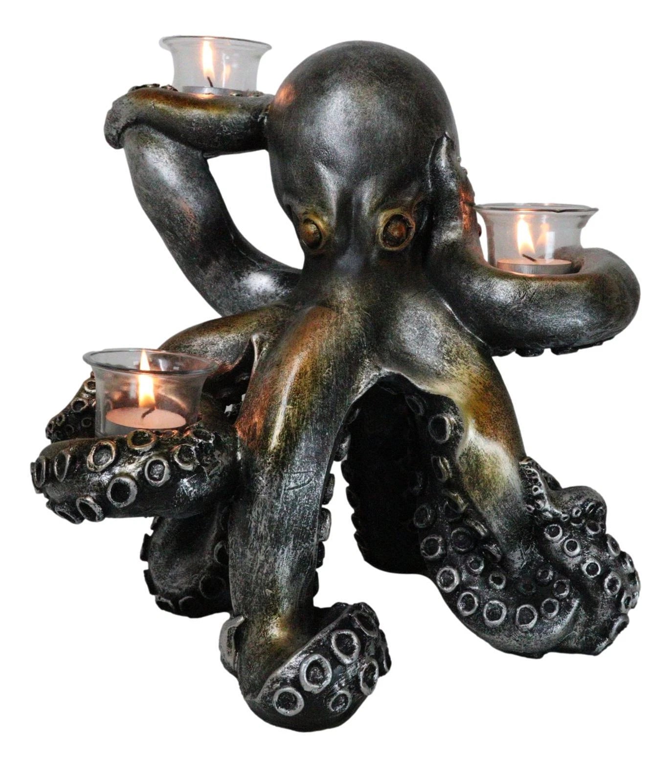 Large Rustic Bronze Deep Ocean Octopus Candle Holder Statue Kraken Sea Monster-9
