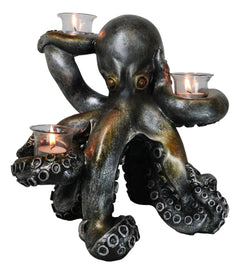 Large Rustic Bronze Deep Ocean Octopus Candle Holder Statue Kraken Sea Monster-9