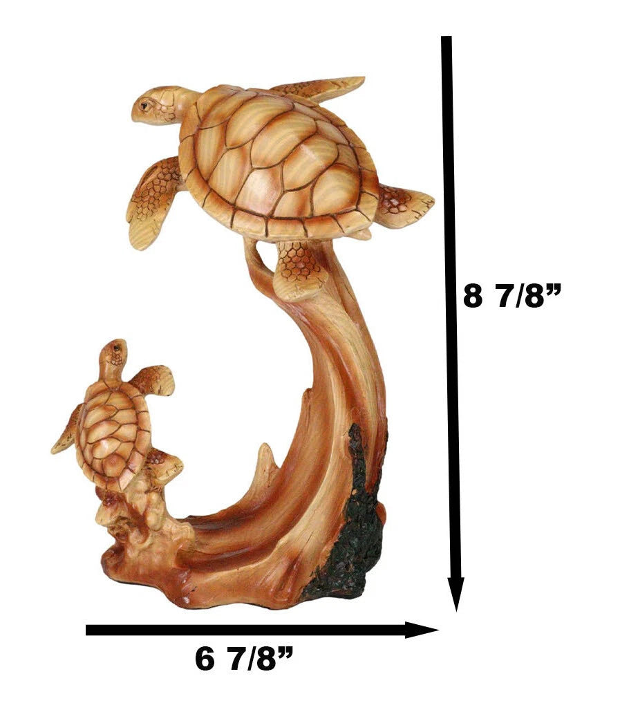 Mother and Baby Sea Turtle Decor Statue 9" Tall Faux Wood Resin Figurine-9