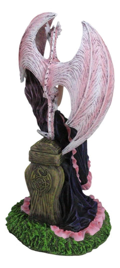 Elegante estatua de dragón wyvern rosa con hada rosa con vestido negro sentada en un banco-5