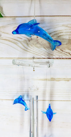 Nautical Marine Blue Swimming Dolphin Acrylic Glass Wind Chime 22"L Sea Dolphins-2