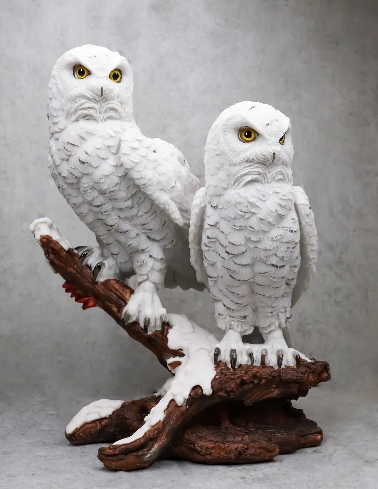 Mystical Two White Snowy Owl Couple Perching On Tree Branch Statue 12.25"Tall-7