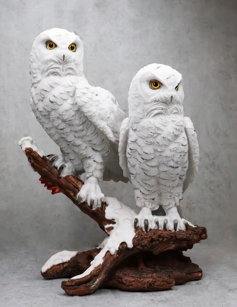 Mystical Two White Snowy Owl Couple Perching On Tree Branch Statue 12.25"Tall-7