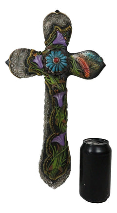 Colorful Floral Blooms And Vines With Southwestern Feathers Wall Cross Plaque-7