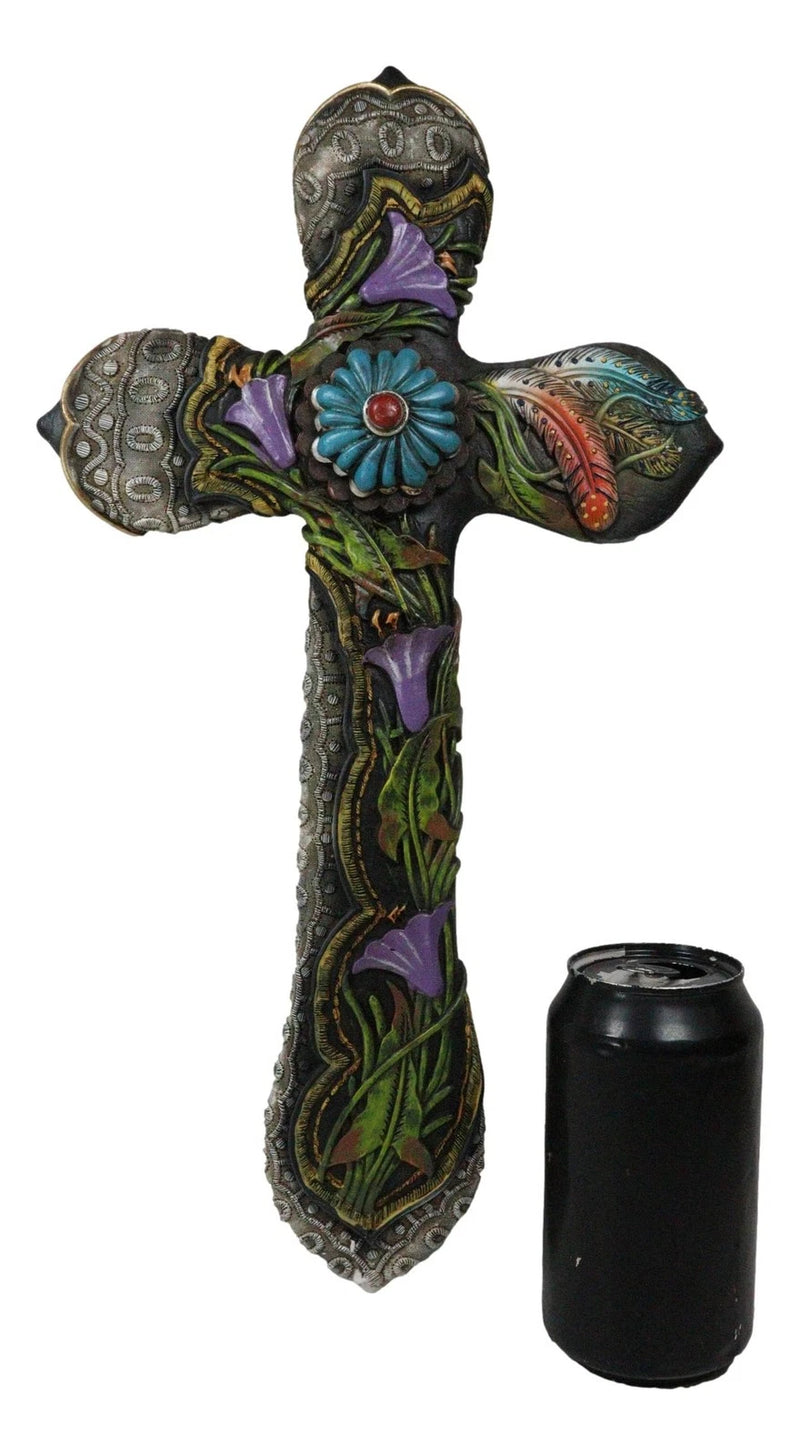 Colorful Floral Blooms And Vines With Southwestern Feathers Wall Cross Plaque-7