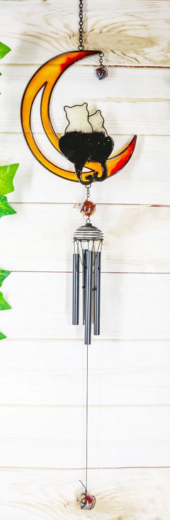 Lover Feline Cats On Crescent Moon Stained Glass Gem Copper Wind Chime Garden-1