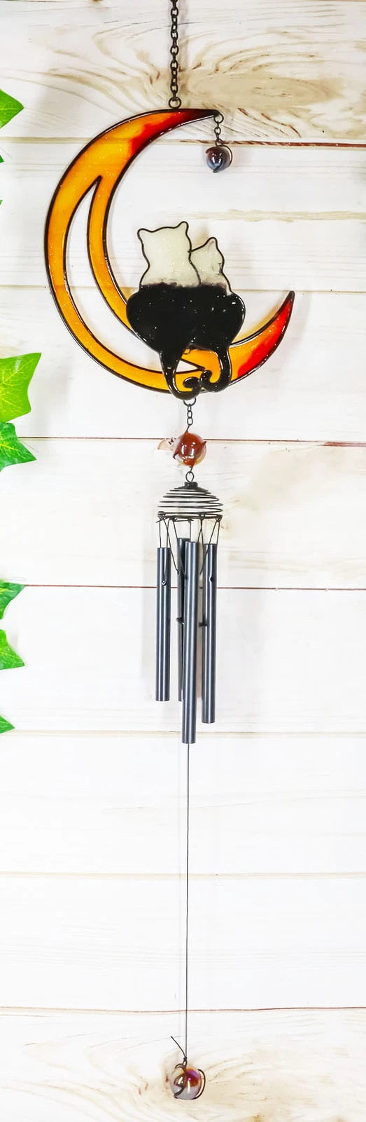 Lover Feline Cats On Crescent Moon Stained Glass Gem Copper Wind Chime Garden