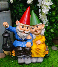 Estatua grande de gnomos de Sr. y Sra. en un tronco de árbol con luz LED solar, 34 cm de alto-1