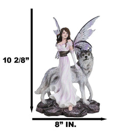 Fantasy Purple Winged Fairy Diana with Alpha Snow Direwolf Wolf Statue 10"H-6