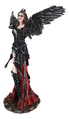 Gothic Raven Crow Trainer Angel Fairy In Black And Crimson Feather Gown Statue-9