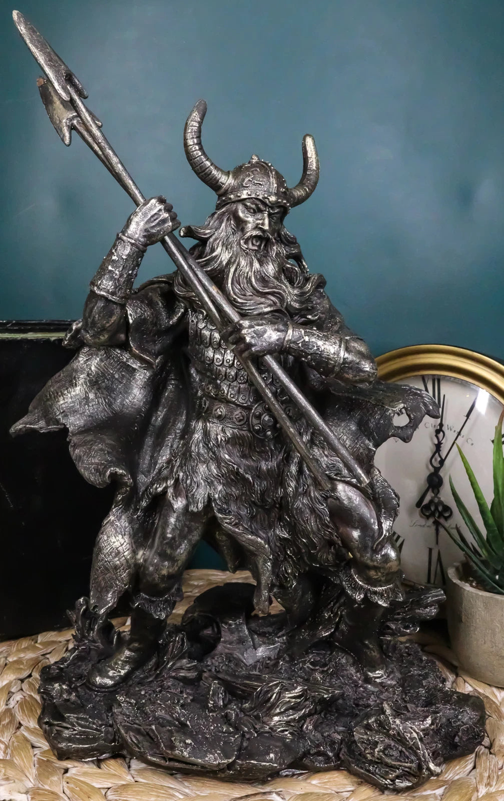 Viking Norse God Odin Alfather With Horned Helm Holding Javelin Spears Figurine-1