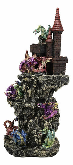 Medieval Rocky Cliff Castle LED Light Display Stand With 12 Mini Dragons Statue-8